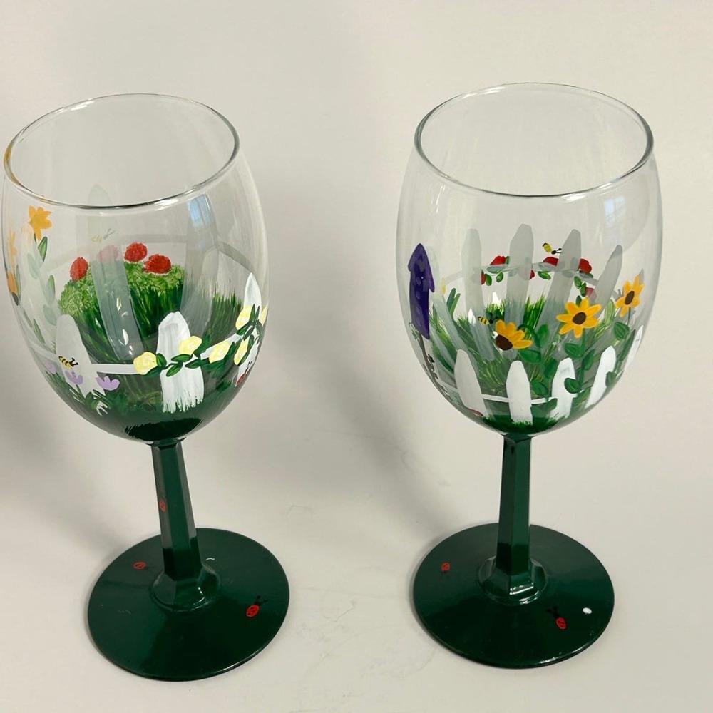 Hand Painted Signed Wine Glasses Spring Flowers Ladybugs Green Picket Fence